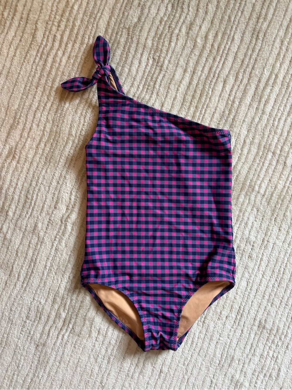 J. Crew Girls One-Shoulder Gingham Swim Suit in Pink and Navy